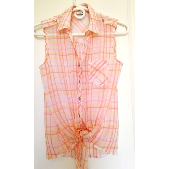 Sheer Peach and Yellow Sleeveless Tank Top Blouse - Picture 3 of 7